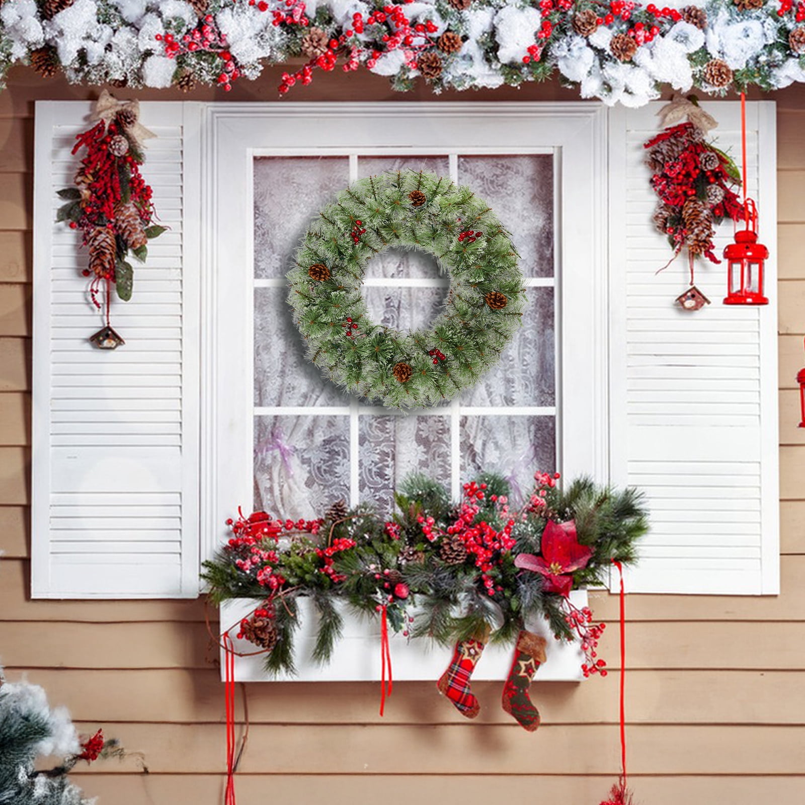 2 Pack 24in Pre-lit Christmas Wreath, Lighted Artificial Xmas Wreath with 100 Warm Lights and 150 Tips and Red Berries Pine Cones, for Front Door Gate Wall Xmas Party Decorations