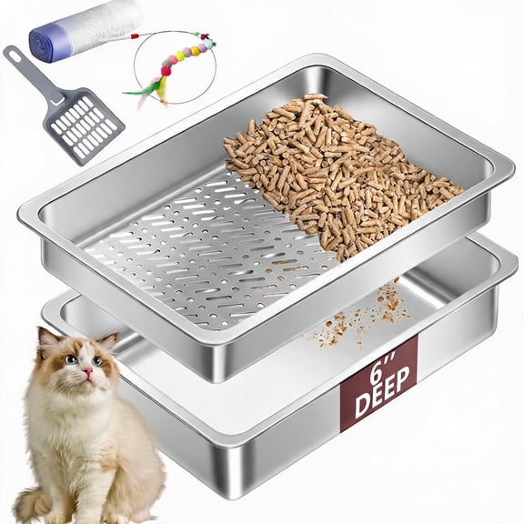 Stainless Steel Sifting Cat Litter Box for Pine Pellets 15.7" L x 11.8" W x 6" H