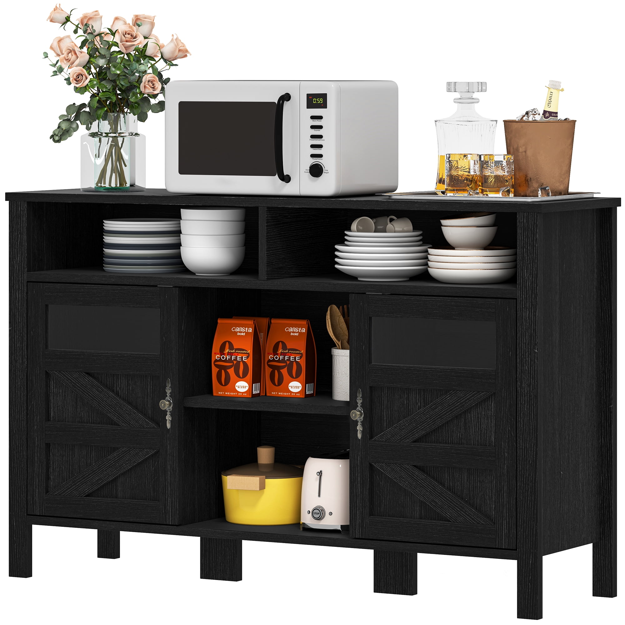 Uforic Farmhouse Sideboard Bar Cabinet with Glass Doors, Adjustable Shelves & Open Storage for Dining Room, Kitchen, Living Room, Black