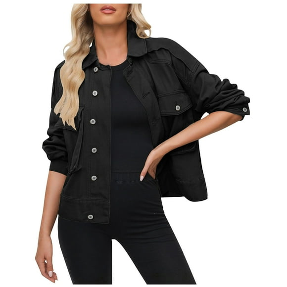 Denim Shirt Women Women's 2024 Fashion Short Button Workwear Denim Jacket Coat Long Sleeve Hoodless Denim Coat/Jacket S-149 Black XL
