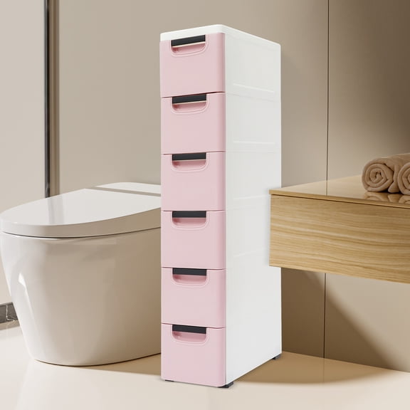 Pale Pink PP Plastic 100cm High Six-Story Storage Cabinet Wheeled Drawer Locker Narrow Shelf