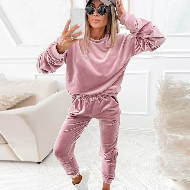 YYDGH Womens Velour Tracksuits Set Long Sleeve Sweatsuits 2 Piece Sports  Outfit Sweatpants Joggers Set Pink M