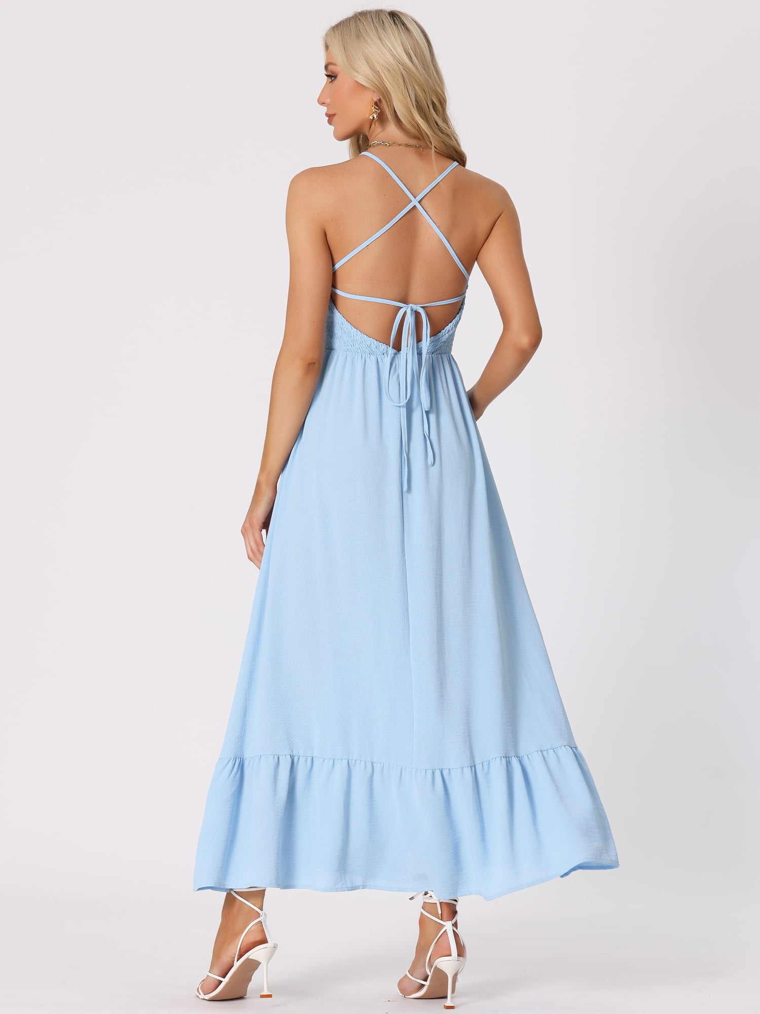 DARING DIVA Smocked Halter Neck Backless Summer Maxi Dress L Light Blue
