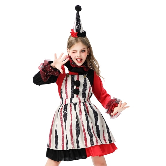 Huowey Girls Fall Outfit Halloween Dress Set Long Sleeve A-Line Striped Dresses With Hat Party Wear Casual Outwear Fall Winter Girls Outfits,Red,3-4 Years