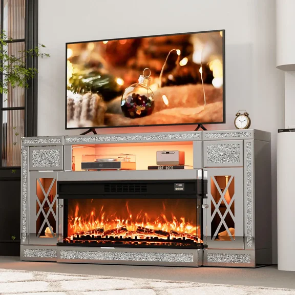 ARICOEASY Mirrored TV Stand with Fireplace for 65  inch TV, Mirrored Fireplace TV Stand with LED Light, Silver Electric Fireplace with Crushed Diamond for Living Room
