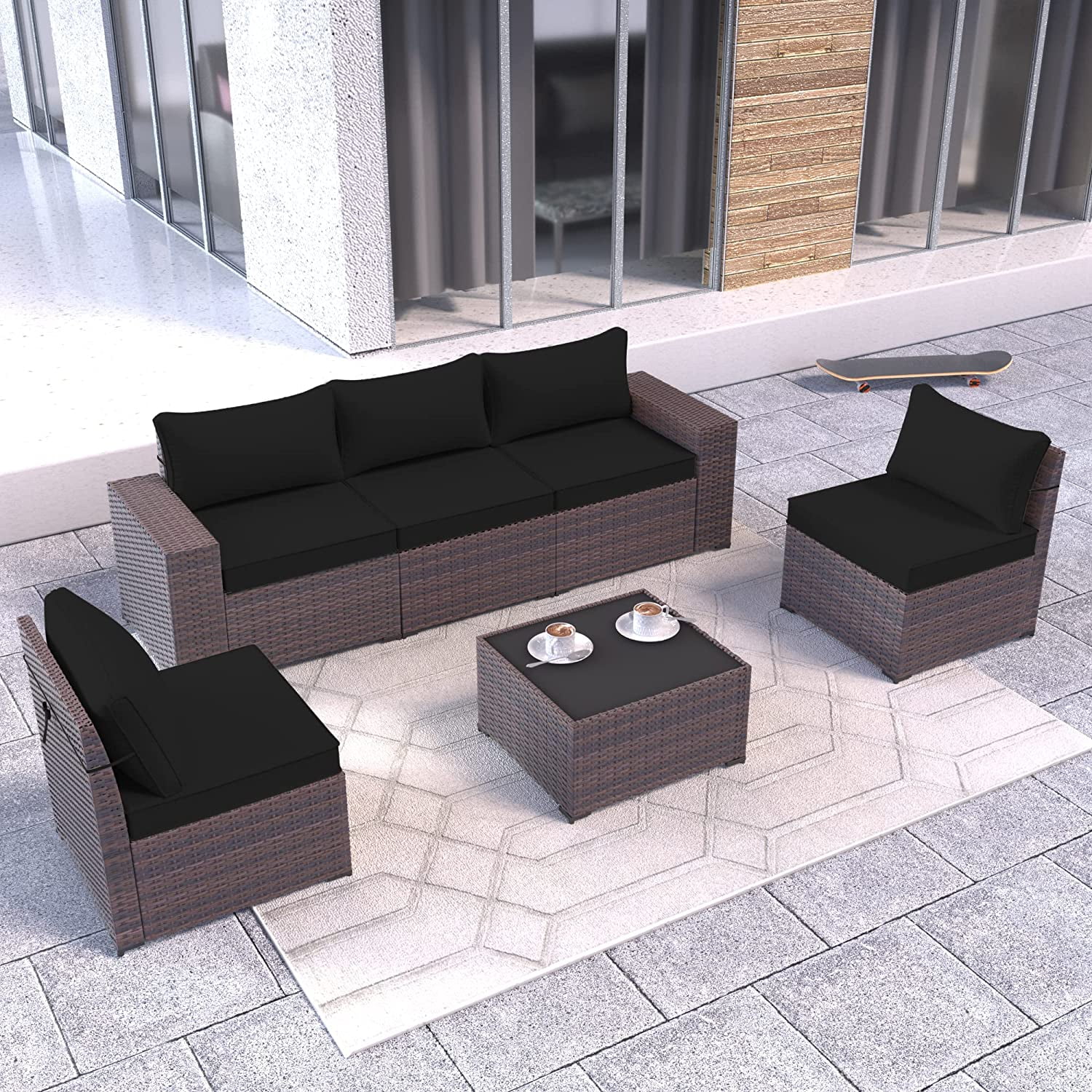 Kullavik 6 Pieces Patio Furniture Outdoor Sofa Wicker Rattan Conversation Set Cushion Glass Table Black