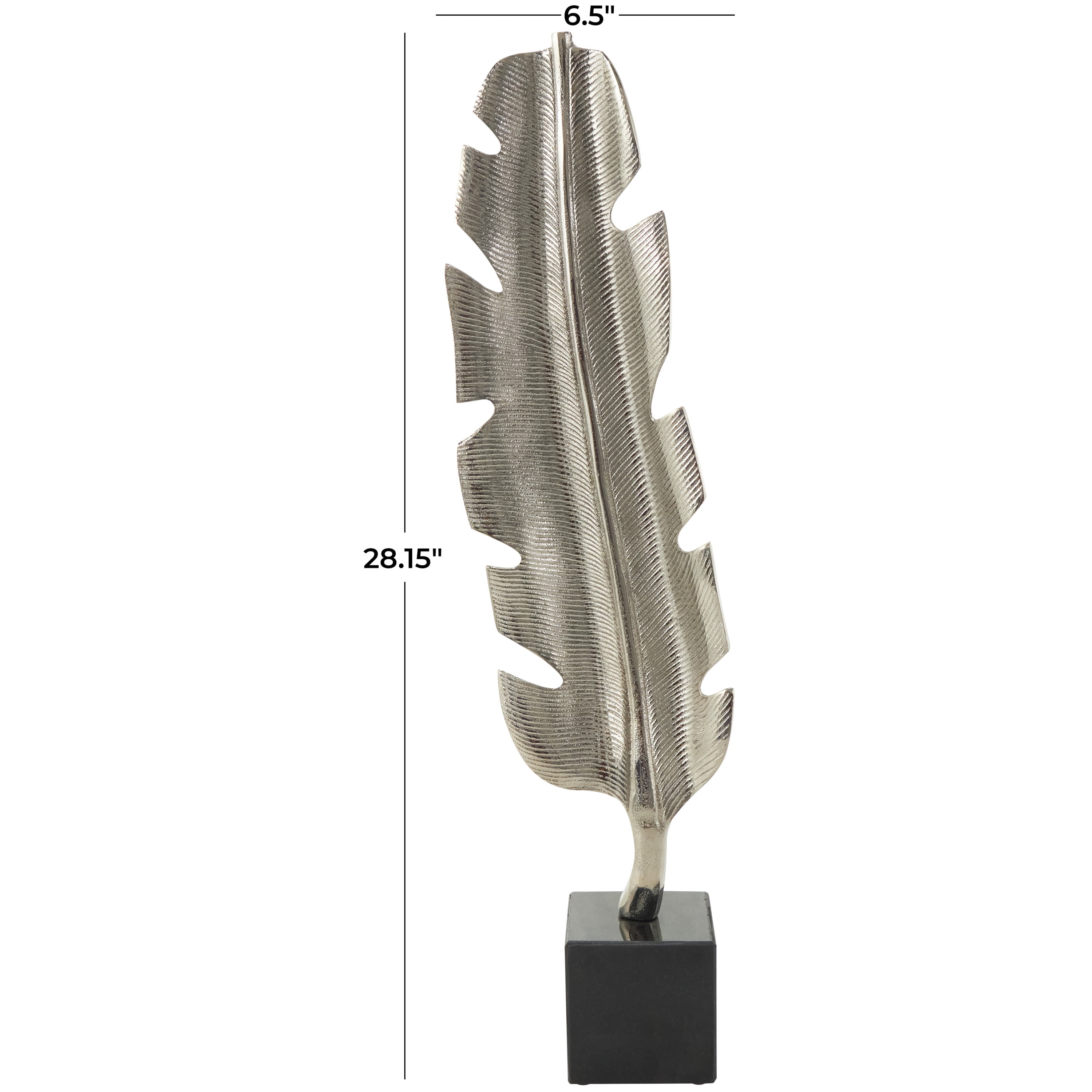 7" x 28" Silver Aluminum Feather Bird Sculpture with Black Marble Base, by CosmoLiving by Cosmopolitan
