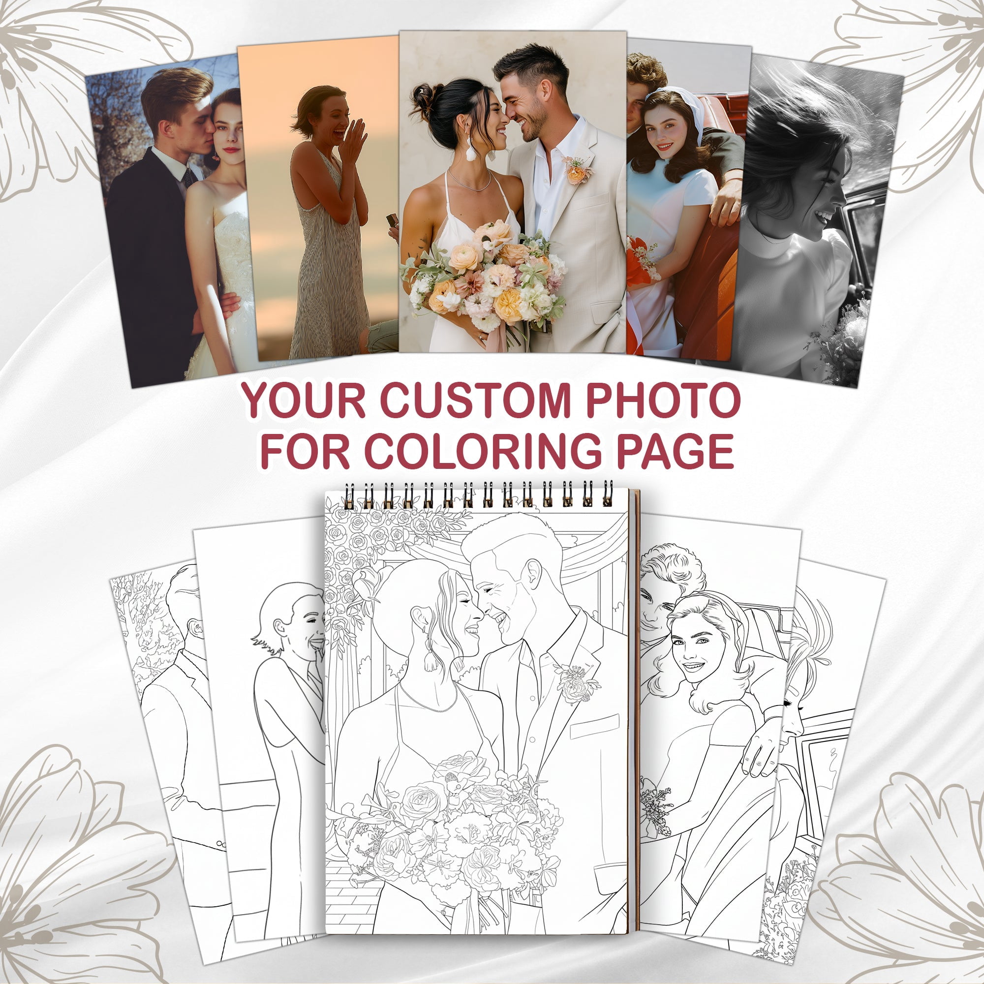 Personalized Wedding Memory Coloring Book for Adults – Custom Coloring Pages from Your Wedding Photos , 12–48 Pages, Memory Keepsake Gift, Premium Wooden Cover, Spiral Binding