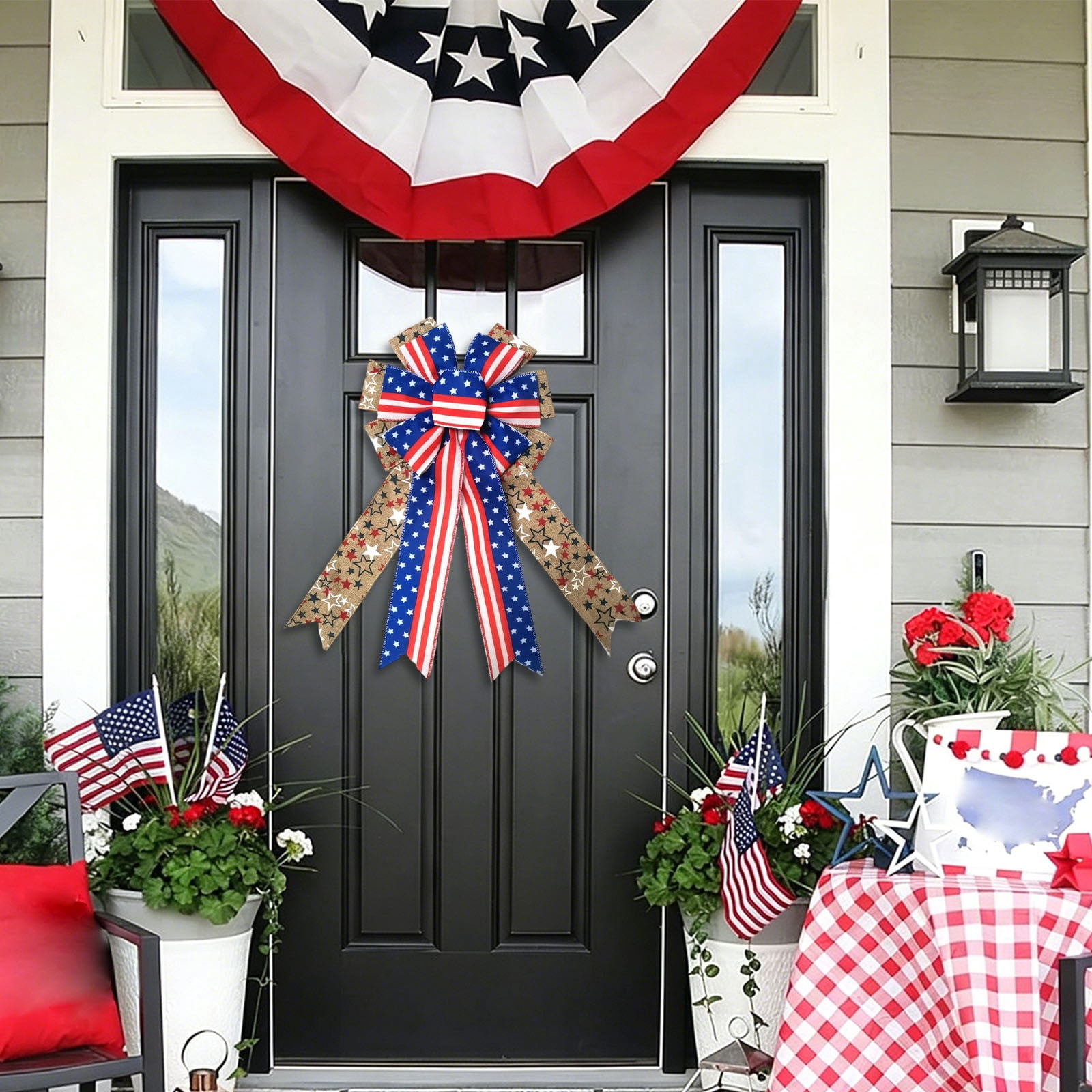 Independece Day Wreath Bows, Patriotic Decor Bows for July 4th Wreath, America Flag Strip Burlap Bow for Front Door Memorial Day, Patriotic Tree Topper Decor Indoor Outdoor Supplies