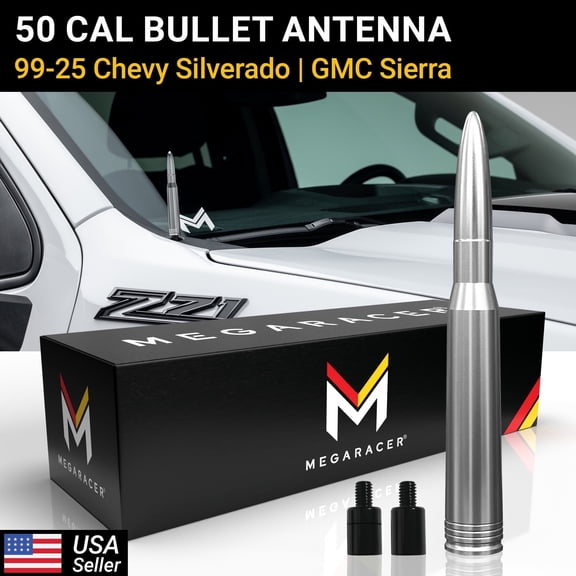 Mega Racer Silver 50 Cal Bullet Antenna for 1999-2026 Chevy Silverado & GMC Sierra – Short Truck Antenna Replacement