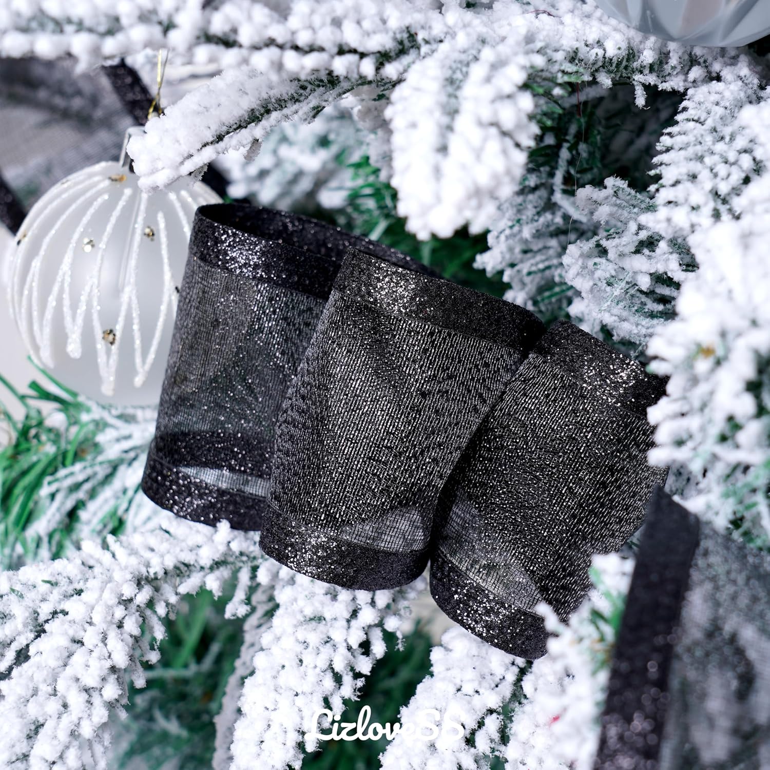 Black Christmas Ribbon Wired 2.5 Inch Metallic Black Wired Ribbon with Glitter Stripe, Ribbon for Christmas Tree, Wreaths Supplies, Swag, Garland, Halloween Decor - 10 Yards
