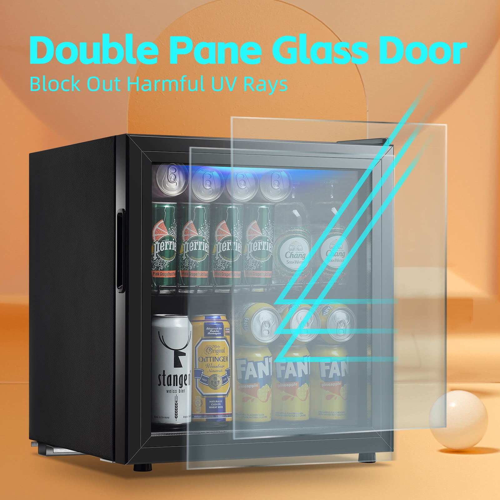 JIEJIA Beverage Refrigerators 58-Can Small Mini Fridge Glass Door, Removable Shelves for Soda Beer or Wine, 1.7 Cu.ft