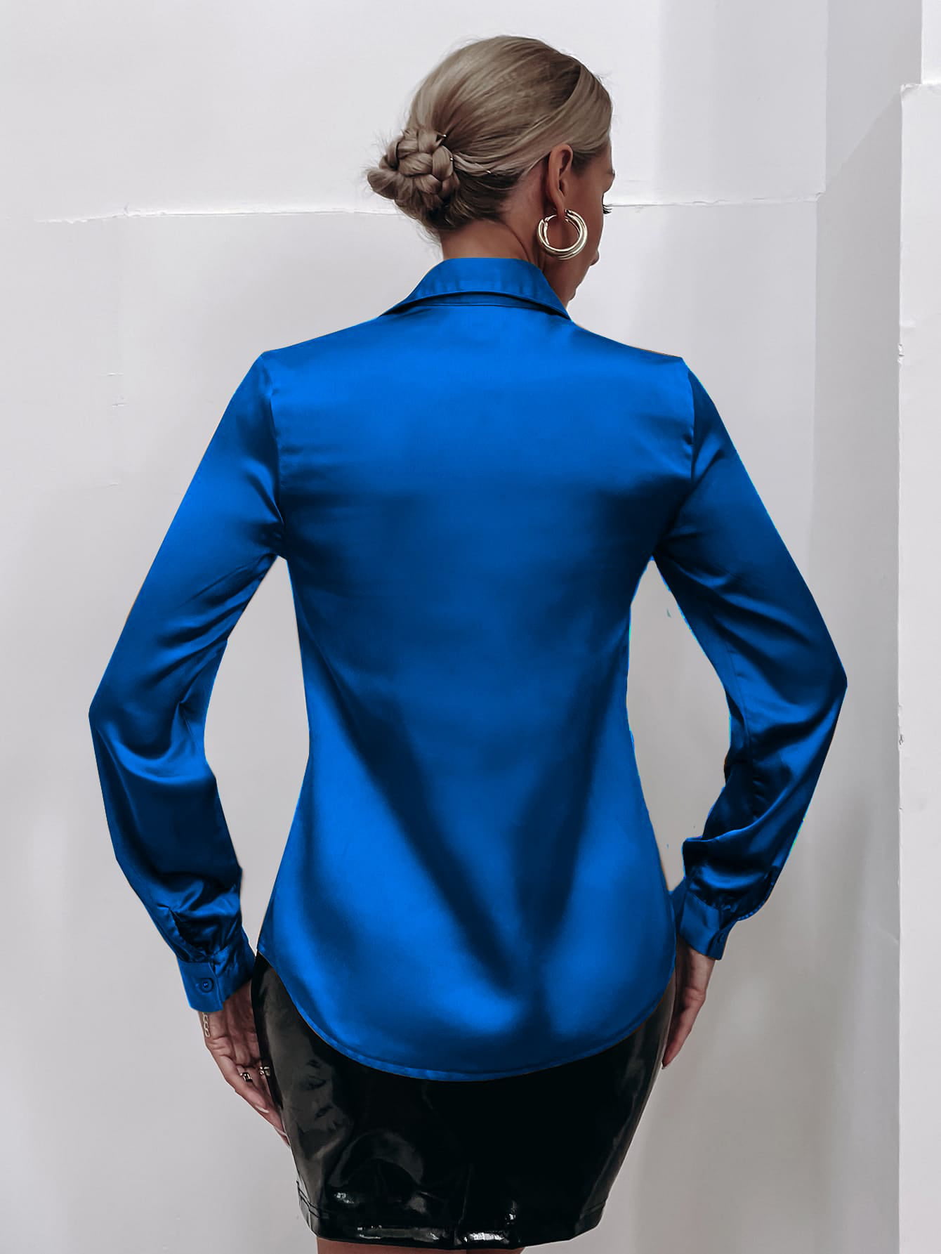 Royal Blue Elegant Women's Satin Solid Button Front Blouse XL(12 