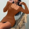 thumbnail image 2 of HAPIMO Women's Fashion Solid Color Slim Square Neck Fall Dress Workout Holiday Mini Bodycon Dress Long Sleeve Spring Elegant Casual Brown XXL, 2 of 6