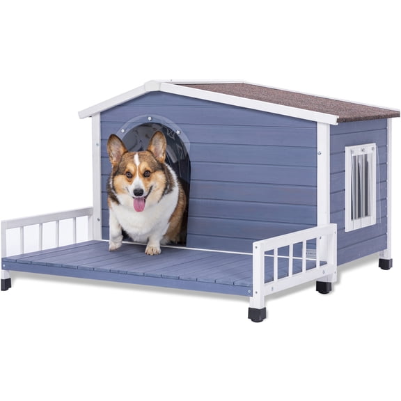 JERFIT Large Insulated Dog House with Porch, Waterproof Asphalt Roof & Raised Floor, Cedar Wood Outdoor Shelter for Small & Medium Dogs, Grey