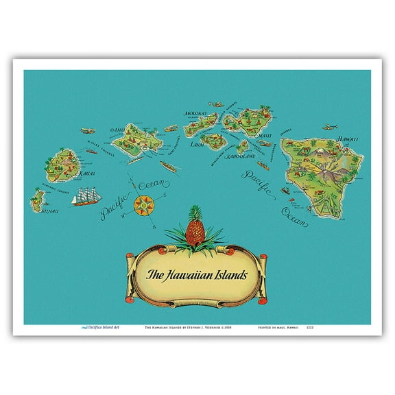 The Hawaiian Islands - from The Story of Pineapple - Vintage Pictorial Map by Stephen J. Voorhies c.1939 - Master Art Print (Unframed) 9in x 12in