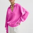 thumbnail image 2 of Lovskoo Sweaters for Women Casual Solid Long Sleeve Thick Knit Lapel Collar V-Neck Sweater Tops Hot Pink, 2 of 7