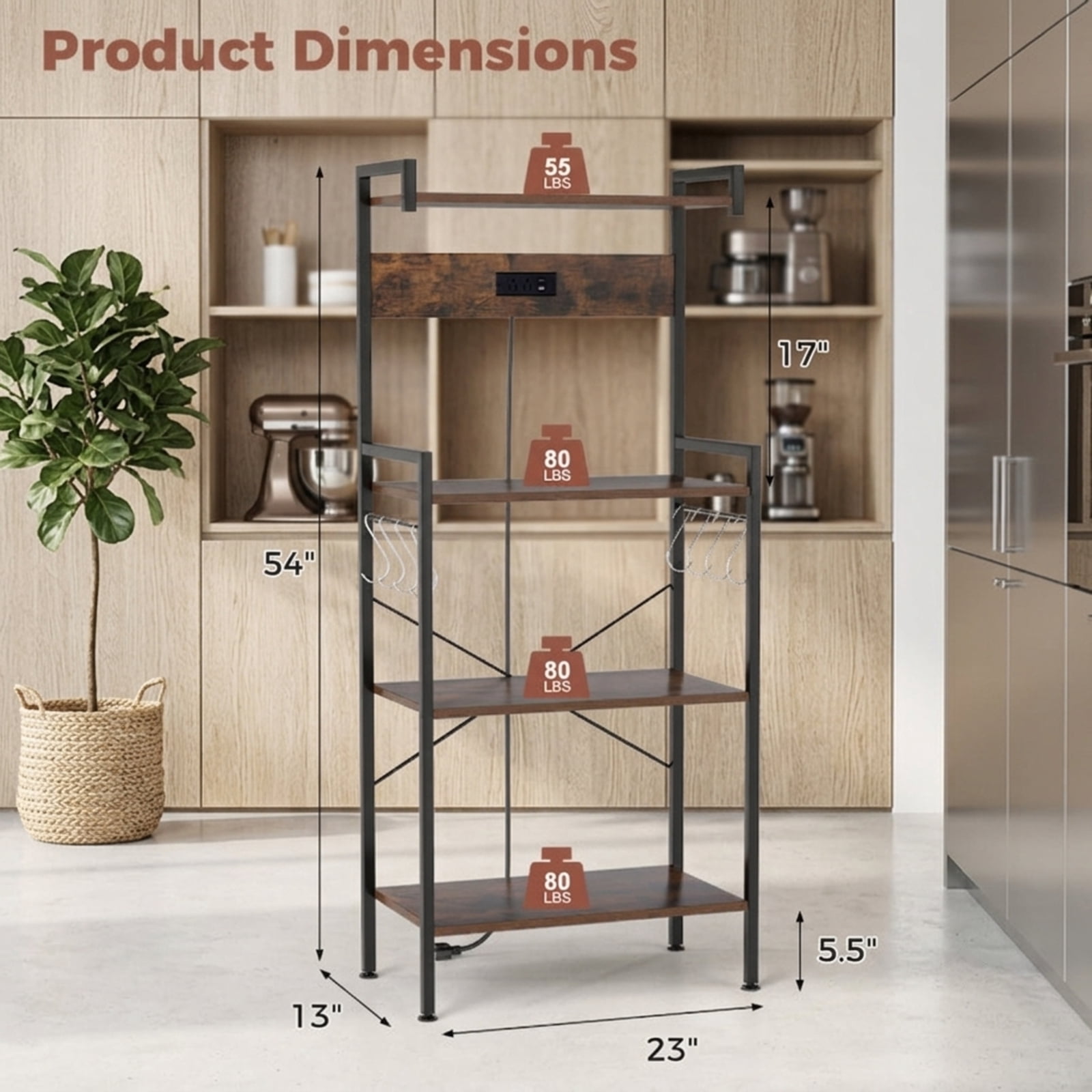 RUIE 4-Tier Kitchen Baker's Rack with Power Outlet and 8 S-Hooks, Industrial Coffee Bar Storage Shelf with ETL Charging Station, Rustic Brown