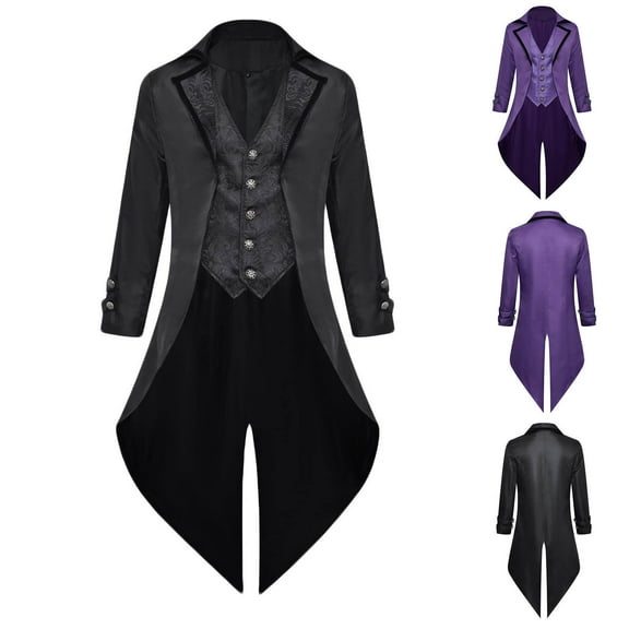 Miluxas Men Patchwork Turn-down Collar Long-sleeved Costume Cosplay Swallow-tailed Coat Purple