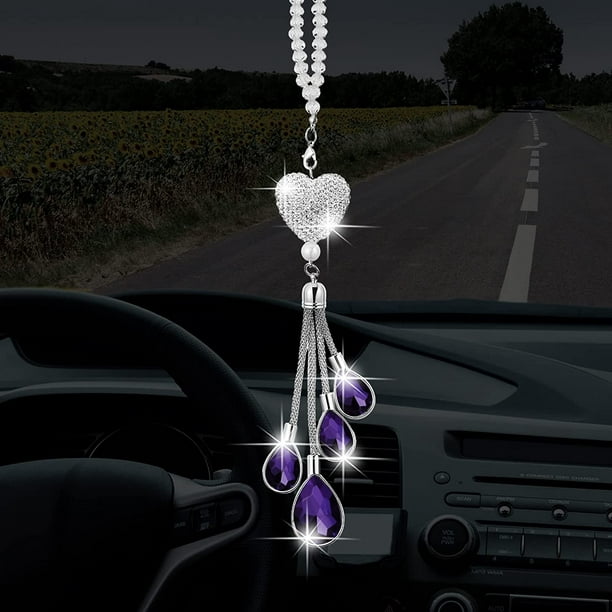 MAFNIO Accessoires de voiture Heart Diamond, breloques de rétroviseur de  voiture en cristal, décor de décoration de voiture, pendentif d'ornement  intérieur à suspendre porte-bonheur (violet, 9,8 po 