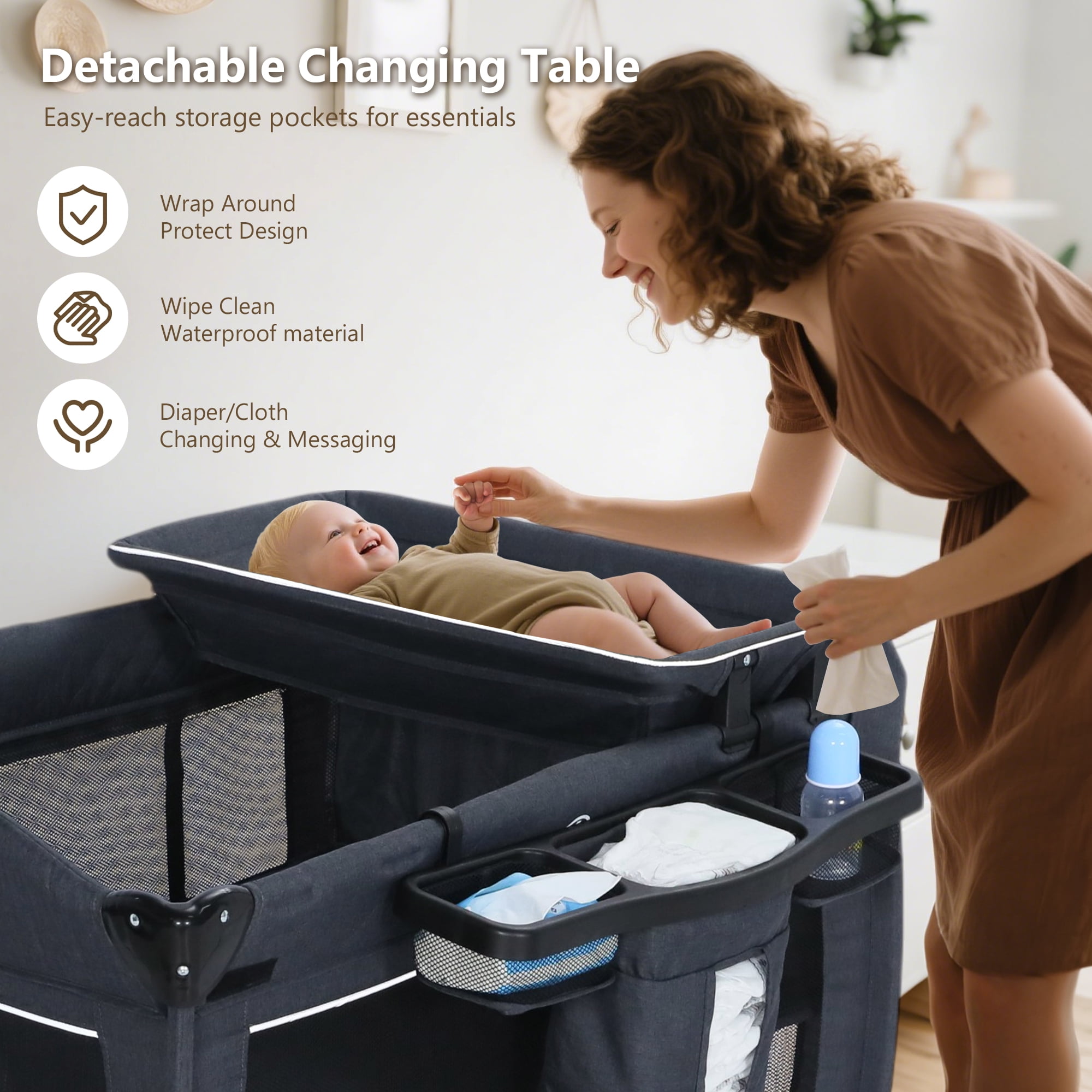 LINLUX Pack  and Play w/ Bassinet & Changing Table, Baby Playard for Toddler, Newborn Crib Baby Bed,Dark Gray