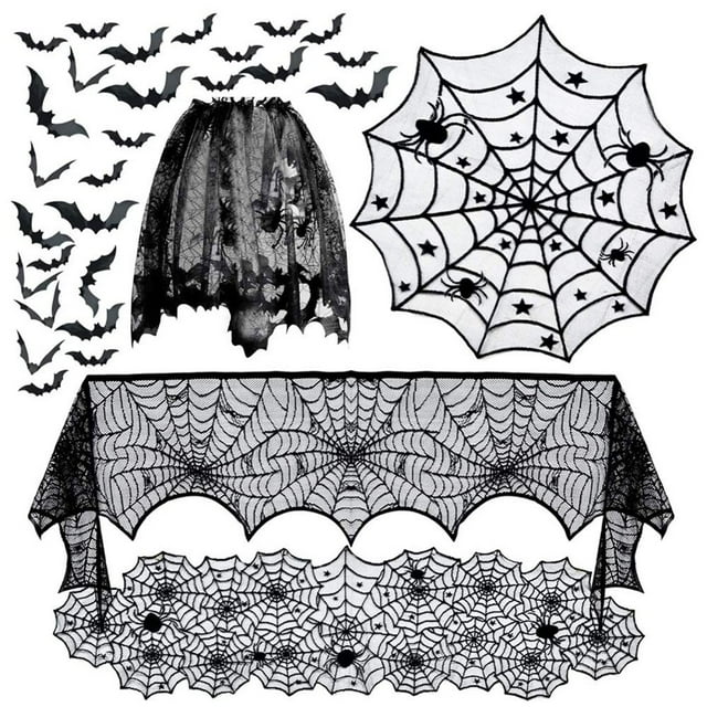 68”X53” Halloween Lace Decoration Tablecloth Table Runner Black Spider Cloth