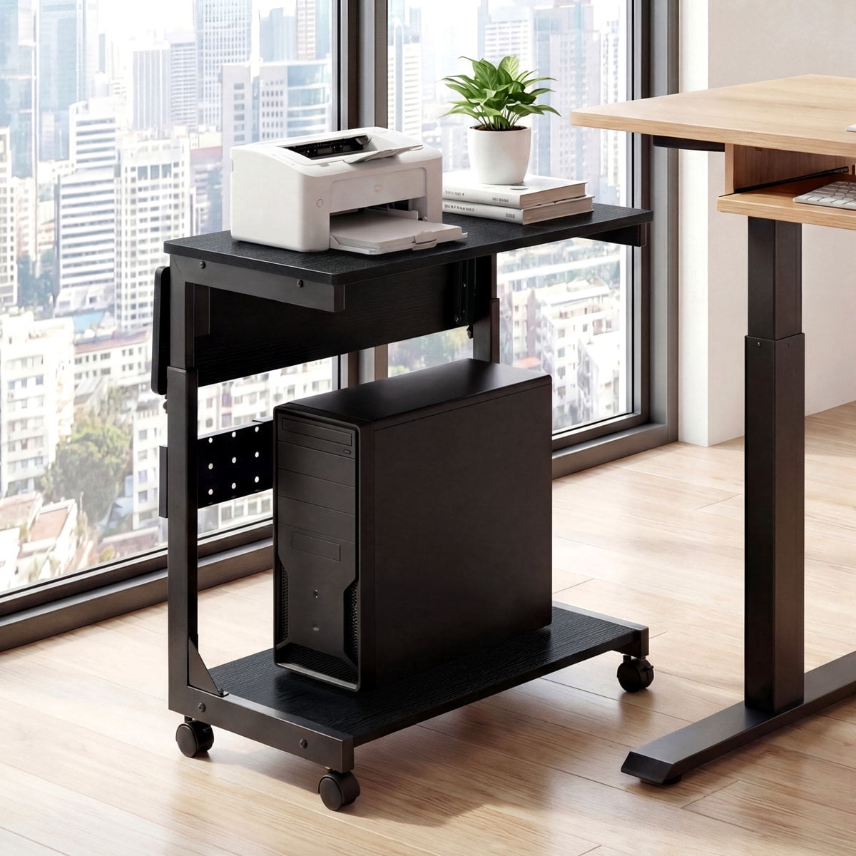 JIOABL Height Adjustable 2-Tier Computer Tower Stand with Folding Panel, Wheels, Pegboard & Mouse Pad, Black