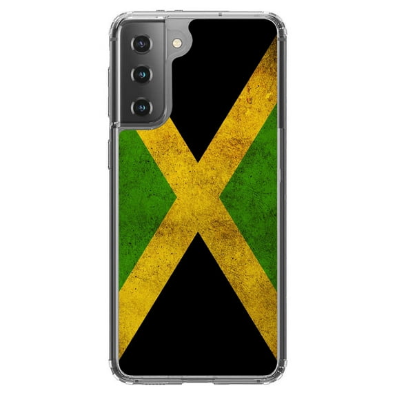DistinctInk Clear Shockproof Hybrid Case for Galaxy S21 5G (6.2" Screen) - TPU Bumper, Acrylic Back, Tempered Glass Screen Protector - Jamaica Old Flag Black Green Yellow - Love of Jamaica