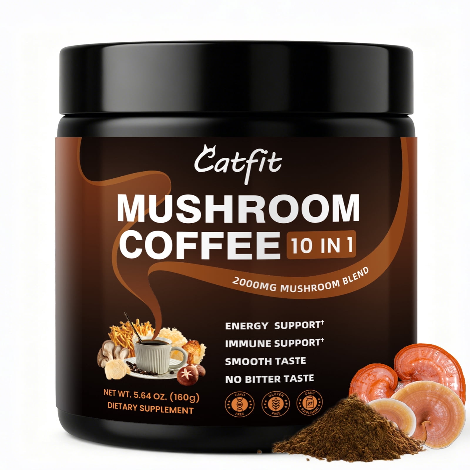 Mushroom Coffee Powder 2000 mg, 10-in-1 Mushroom Supplement 5.64 oz, by Catfit