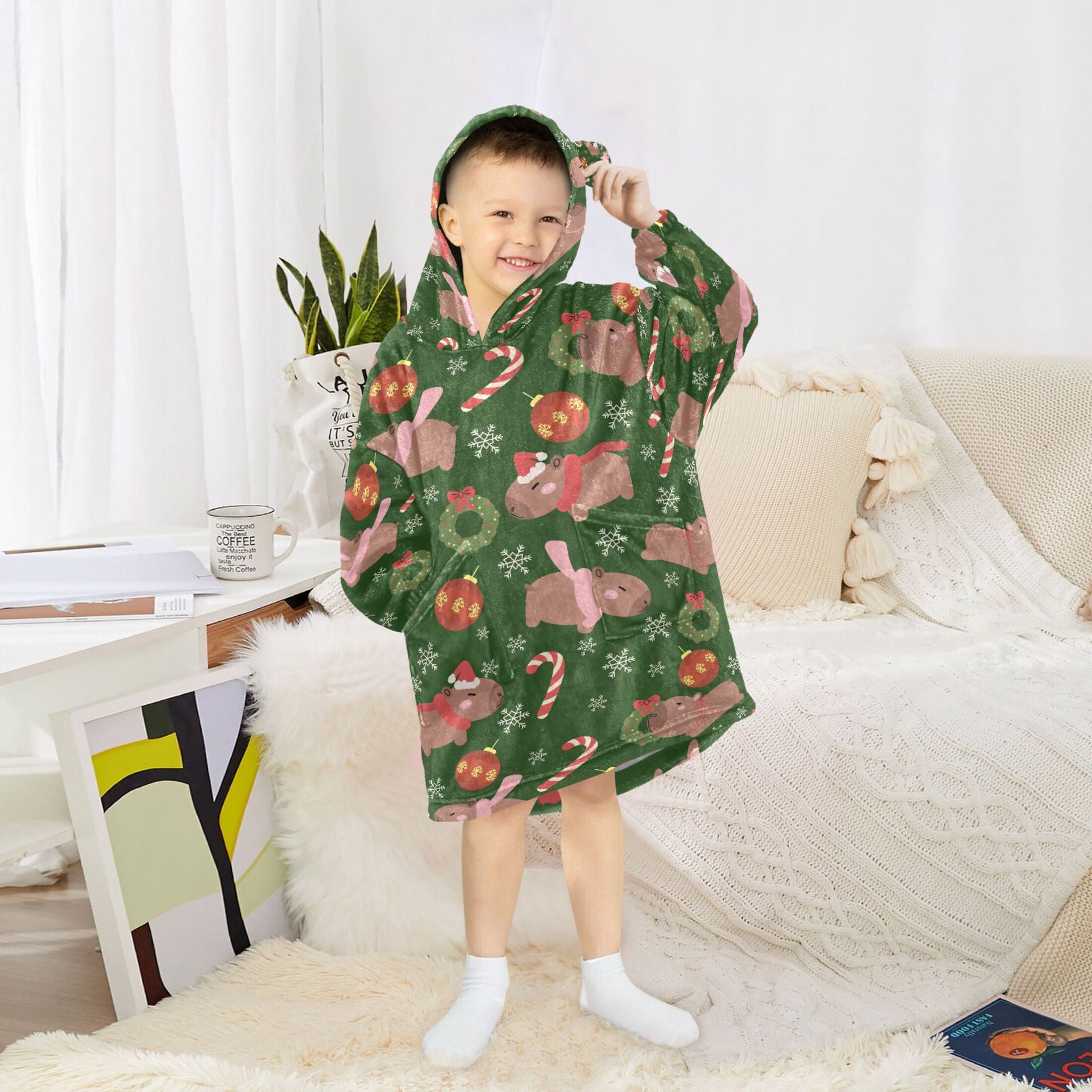 joogoo Blanket Hoodie Capybara Wreath Snowflake Pattern for Oversize Sweatshirt Boys Girls 3-14 YR L