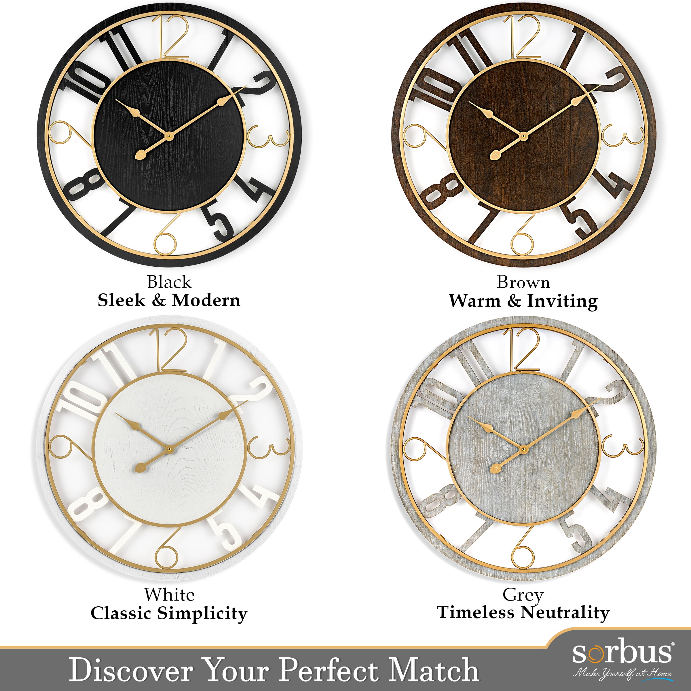 Sorbus Large Wall Clock - Minimalist White Wood with Gold Metal