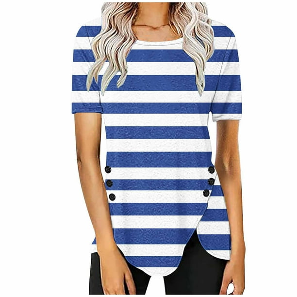 Blusas de Manga Corta para las Mujeres Botón Impreso Cuello Redondo Top Casual, Blusas para las Mujeres Casual