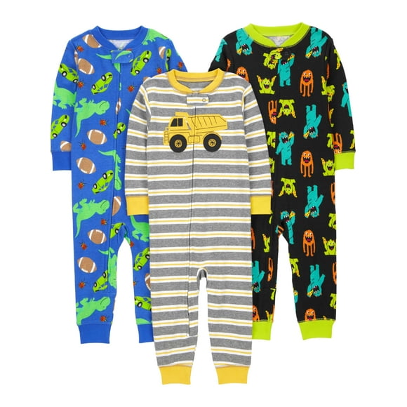 Pijama 2T de algodón sin pies, ajuste ceñido, paquete de 3 unidades