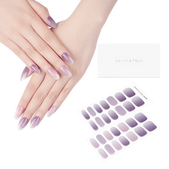 DANNI & TONI Semi Cured Gel Nail Strips Purple-White Ombre (Celestial Veil) Shimmer Gradient Gel Nail Wraps Gift for Woman 28 Stickers