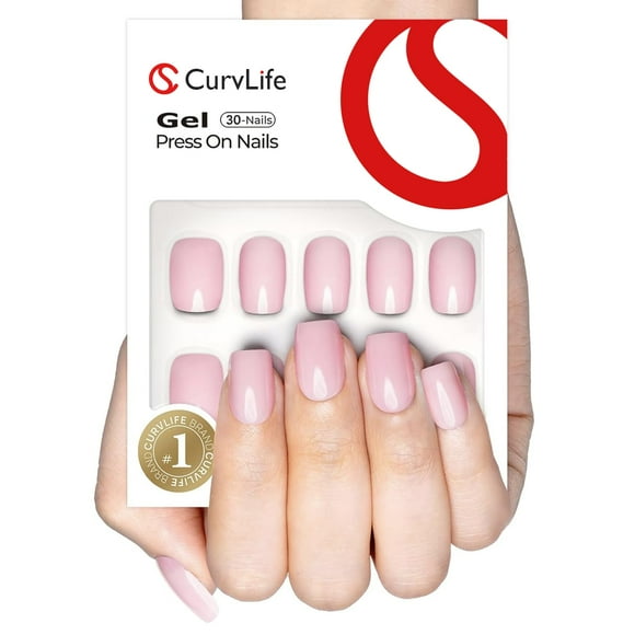 Gel suave Curvlife de Press on Nails, 30 unidades, 15 tamaños, rosa, con kit