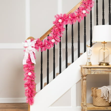 Northlight Pre-Lit Artificial Tinsel Christmas Garland - 9' x 8" - Pink - Clear Lights