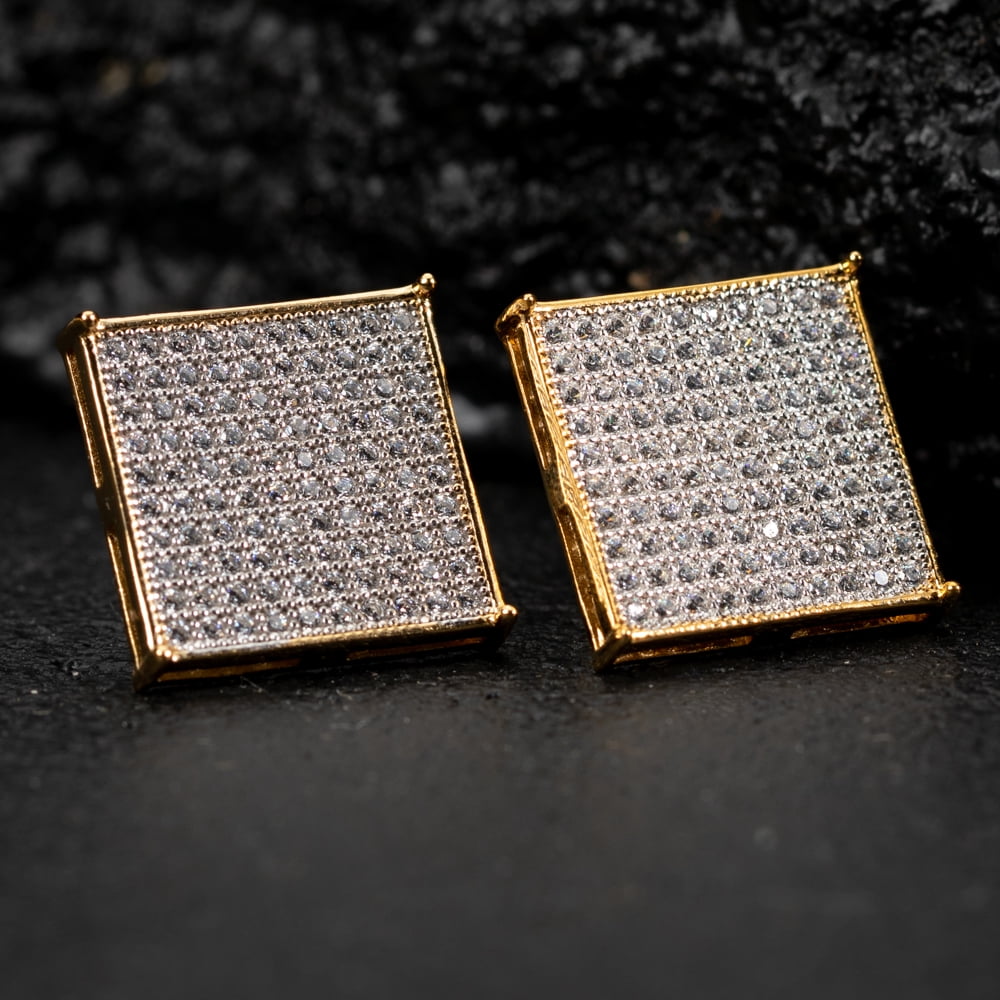 Men's Large Square Flat Screen Hip Hop Two Tone Yellow Gold 925 Sterling Silver Screw Back Stud Earrings