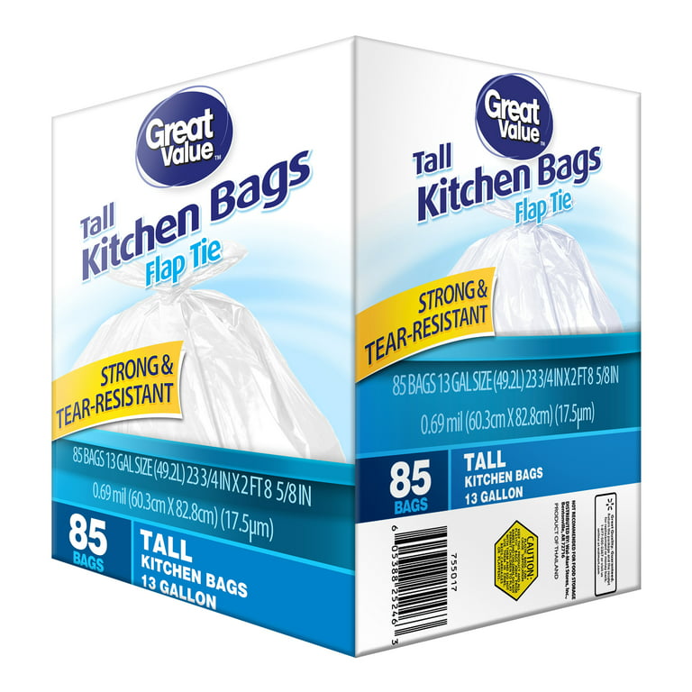 Great Value 13-Gallon Flap Tie Tall Kitchen Trash Bags, 85 Bags 