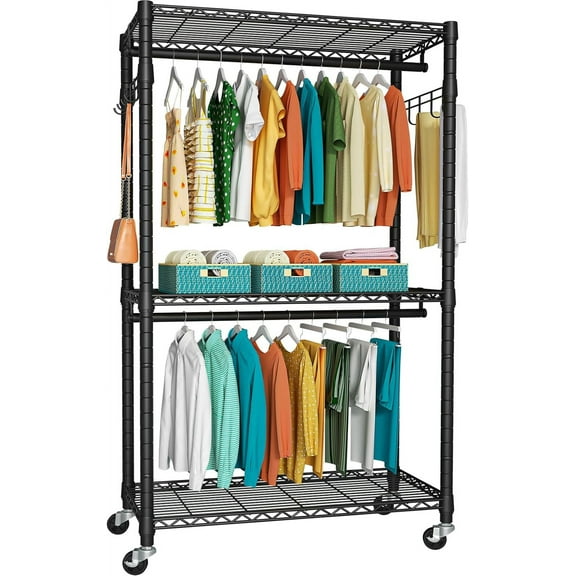 P1 Heavy Duty Garment Rack, 3 Tiers Adjustable Rolling Metal Closet Organizer with Lockable Wheels, FreeStanding Wardrobe with Double Hanger Rods & 1 Pair Hooks, Max Load 450 LBS, Black