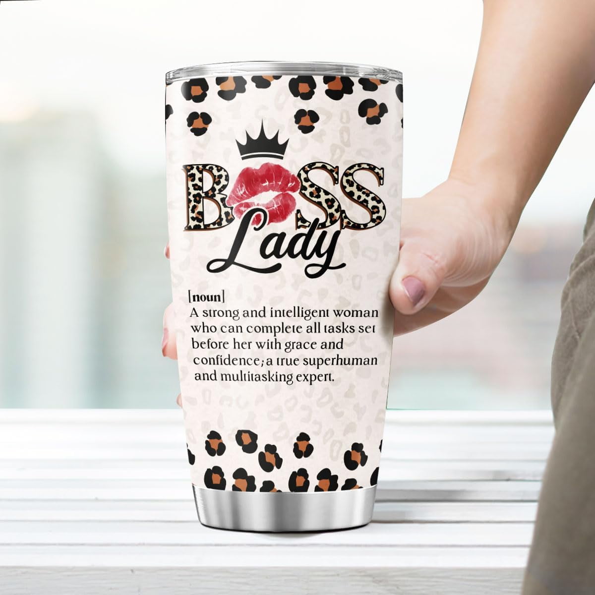 Boss Lady Definition Cup for Women, Leopard Print Lips Crown Design 20oz Stainless Steel Coffee Tumbler, Inspirational Gift for Female Leaders, Coworkers, Friends