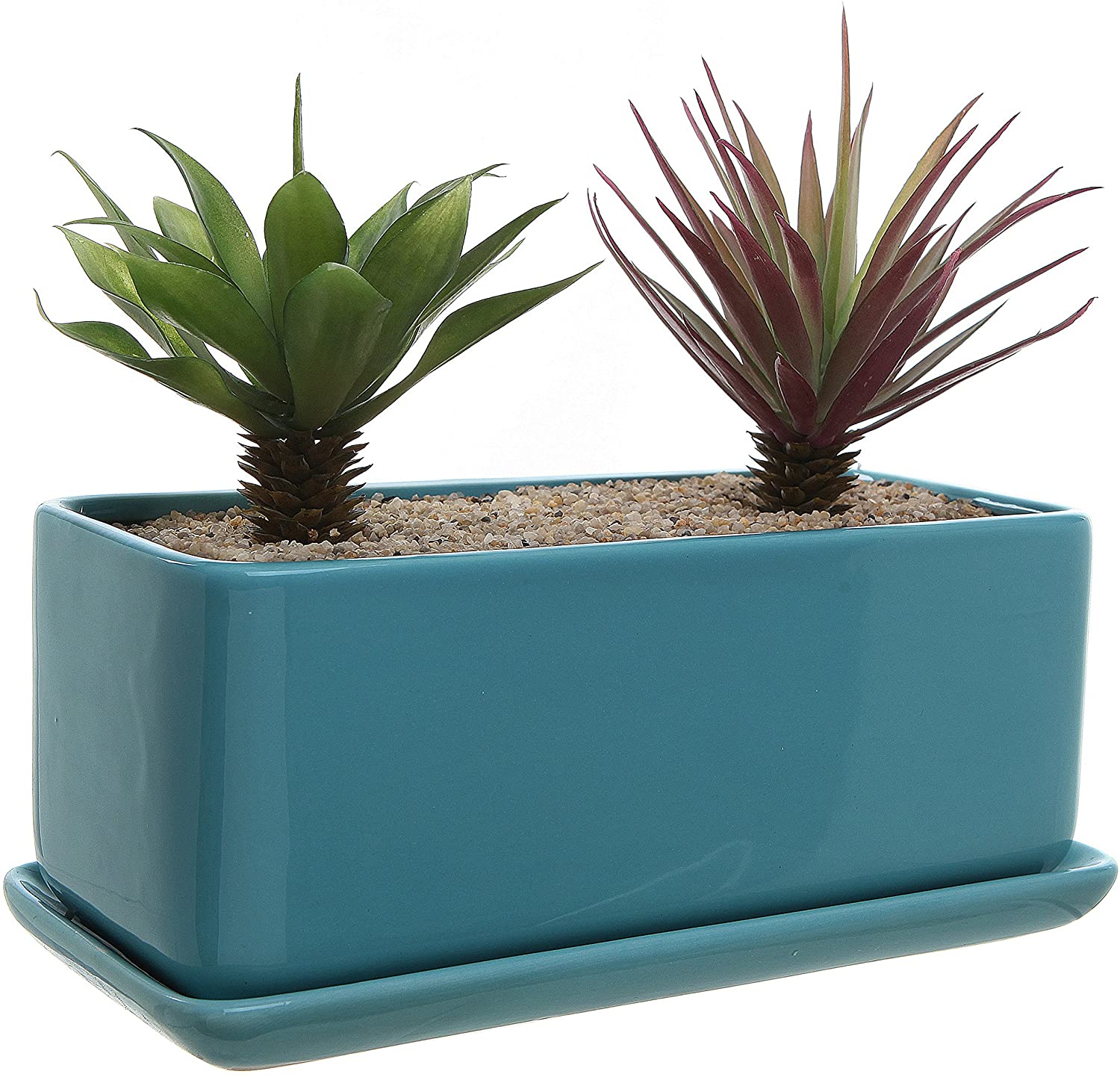 MyGift 10 inch Rectangular Modern Turquoise Ceramic Succulent Planter Pot - image 2 of 5