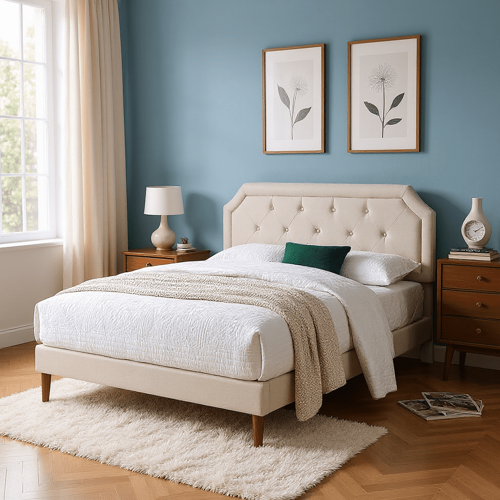Gewnee QUEEN Size Bed Frame with Adjustable Headboard,Upholstered Headboard Platform Bed,No Box Spring Needed,Modern Bedroom Furniture - Beige