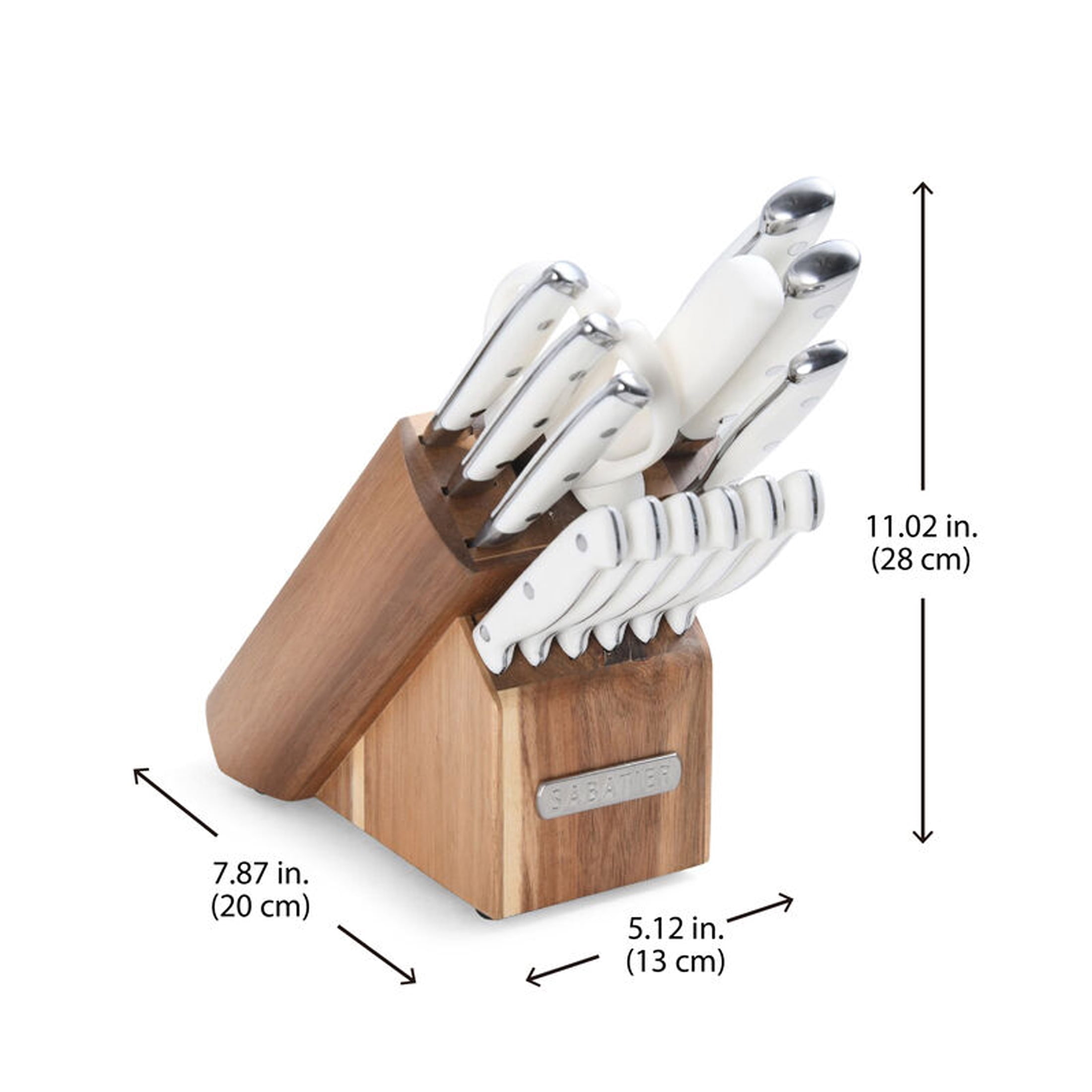 Sabatier 15 Piece Forged Knife Block Set with Acacia Wood Block, White Handles