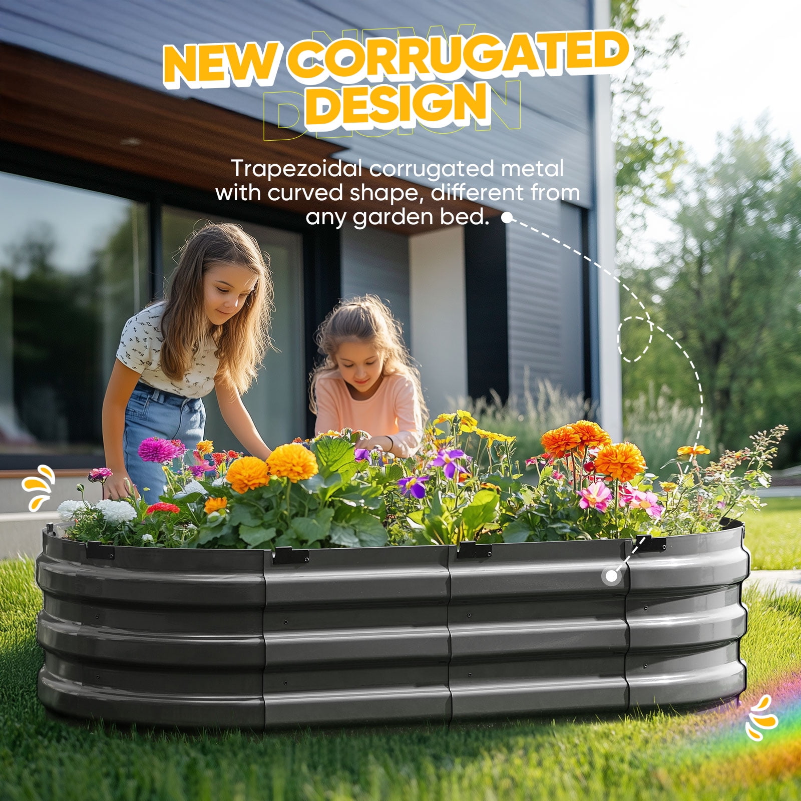 KING BIRD Screwless 4x2x1 ft Raised Garden Bed Galvanized Steel Planter Garden Box for Outdoor Gardening Vegetables Flowers Dark Grey