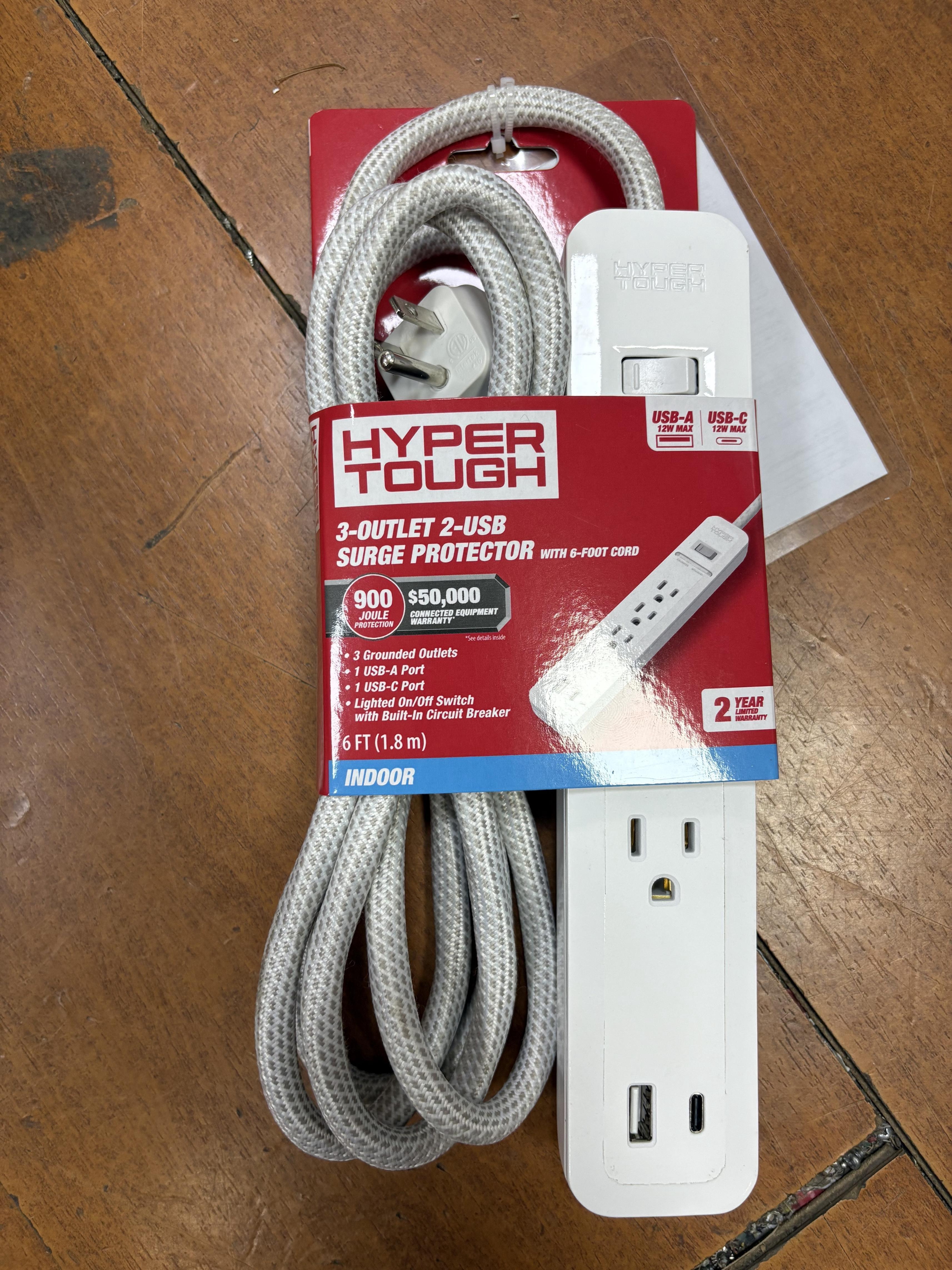 Hyper Tough Surge Protector Power Strip with USB Ports, 3 Outlets, 6ft White Cord
