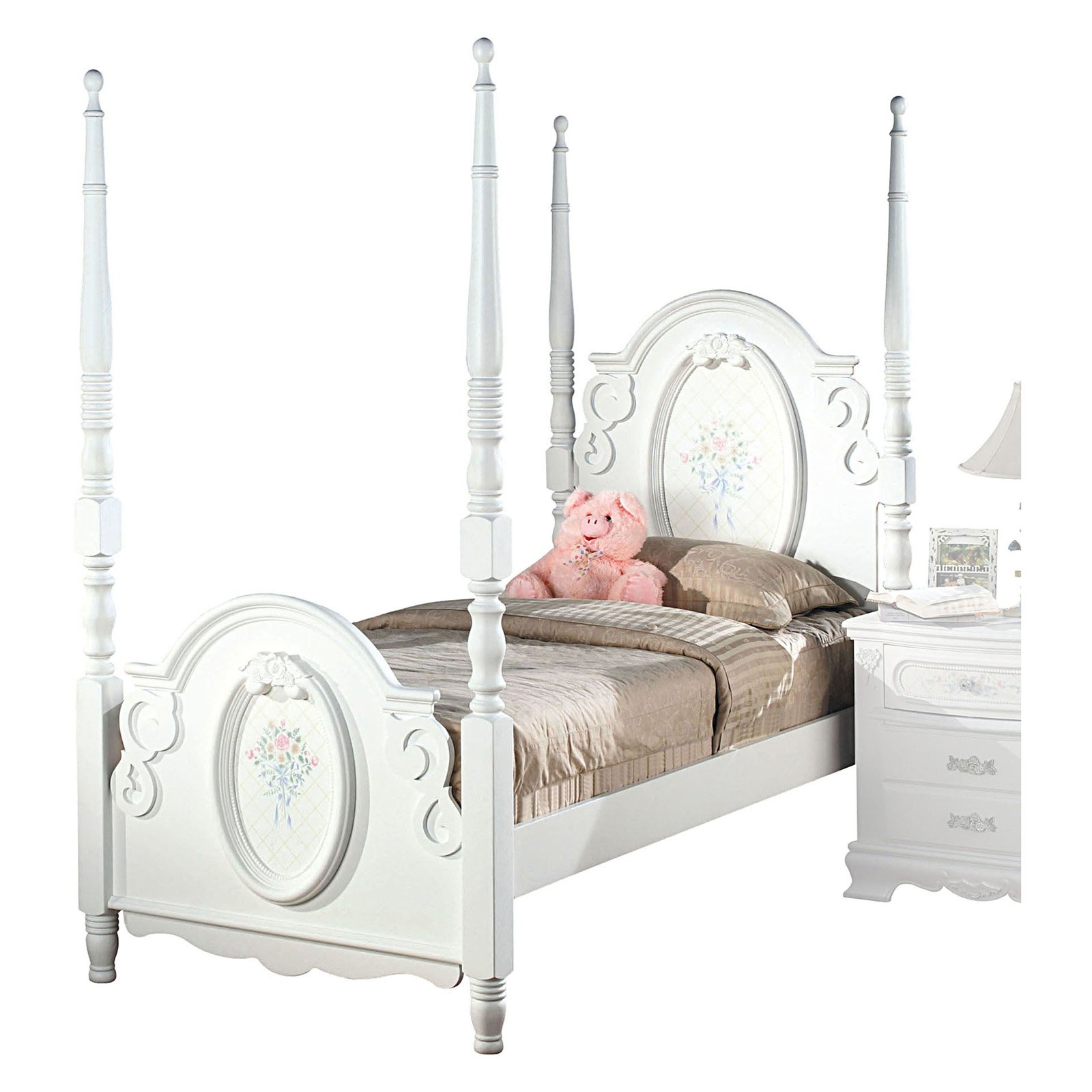 ACME Flora Twin Poster Bed in White Poplar Solid Wood, Multiple Sizes