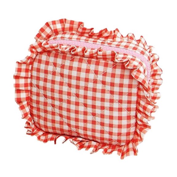 Stylish Quilted Travel Makeup Organizer Bag Set with Ruffle Gingham Design for Women Girls Cosmetic Storage Pouch
