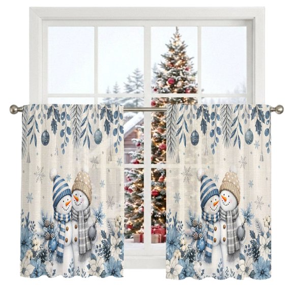 Christmas Snowmans Sheer Curtains 45 Inches Long 2 Panels, Blue White Poinsettia Pine Cones Linen Texture Semi Sheer Rod Pocket Window Curtains Light Filtering Drapes for Living Room Bedroom