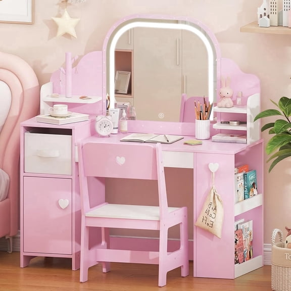 Jolie Vallee Vanity Set with Chair Kids Makeup Vanity Desk with Lights Mirror, 3 in 1 Toddler Vanity Desk with Bookshelf Storage Cabinet, Pink Pretend Play Dressing Table for Little Girls