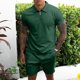thumbnail image 4 of Hombre Sudadera Pantalones Cortos Traje Color Puro Cuello Vuelto Cremallera Transpirable Piel Amigable Hombre Camiseta Conjunto Verde M, 4 of 6